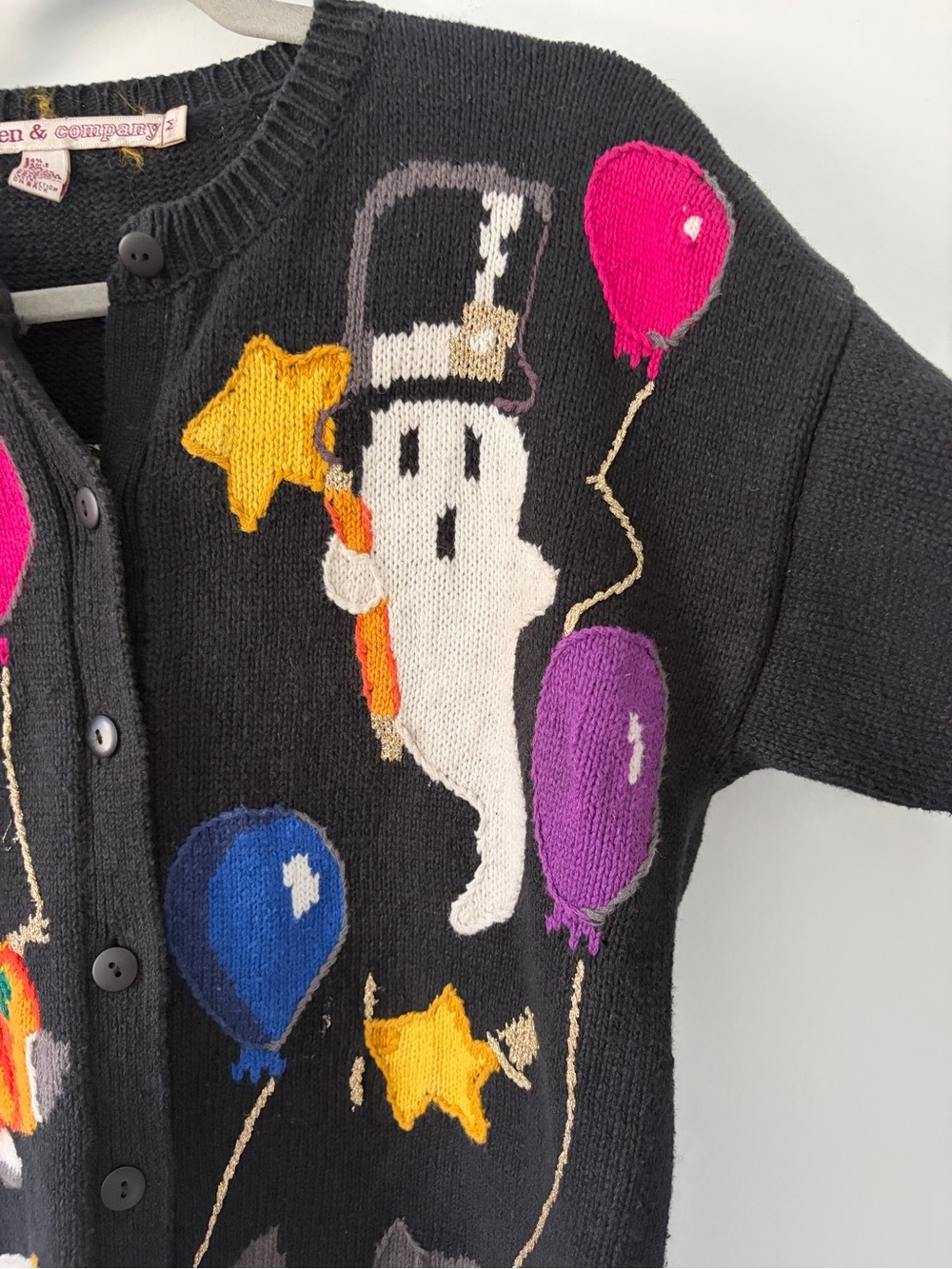 Vintage 80s Hansen & Company Black Halloween Seasonal Fall Knit Cotton Cardigan - Picture 4 of 10
